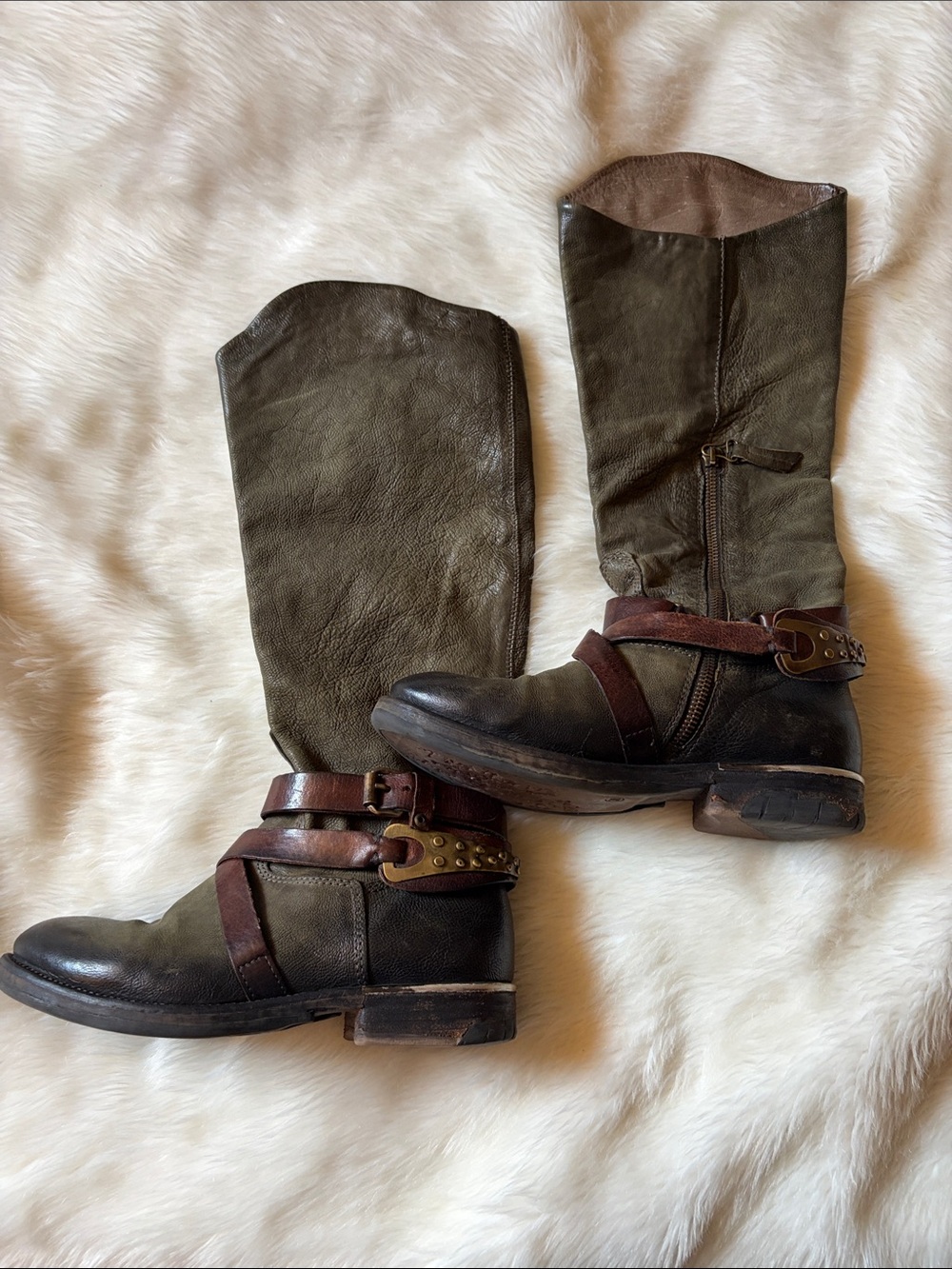 Olive Green & Brown Leather Studded Harness Boots - Picture 5 of 5